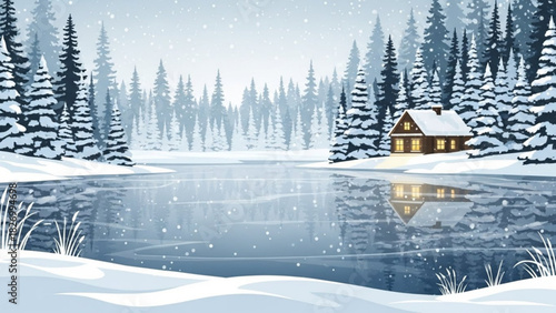 Dreamy snowy winter cabin scene with frozen lake and snow-covered pines, perfect for holiday cards, cozy backgrounds, or winter wonderland promotions