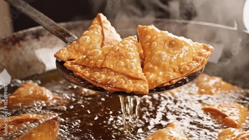 Golden Samosas Frying In Hot Oil In A Metal Pan With A Ladle Cooking Snack On Stove Top In Kitchen Preparation Traditional Delicious Indian Food