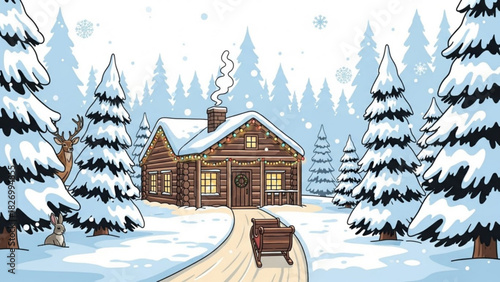 Enchanting winter scene with cozy log cabin adorned with Christmas lights, deer, and rabbit amidst snow-covered pines, perfect for holiday cheer