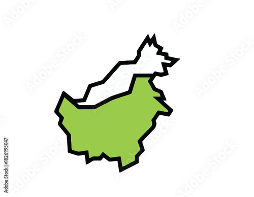 Stylized vector illustration of Borneo island map, highlighting the southern region in vibrant green, representing its unique geographical and ecological significance in Southeast Asia
