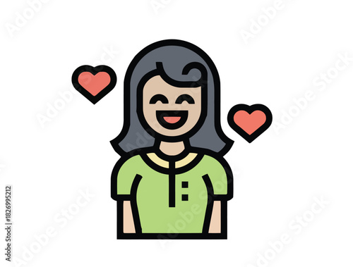 Happy smiling woman in love with floating hearts. A cute character icon expressing joy, affection, and positive emotions