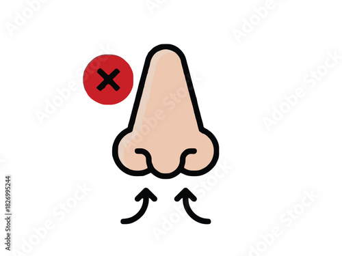 Iconic depiction of a human nose featuring a red cross, representing blocked nasal passages, restricted breathing, or an obstructed airway, highlighting respiratory issues
