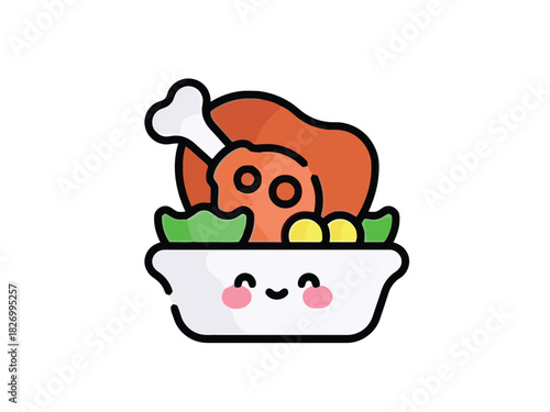 Happy kawaii roasted chicken served in a smiling bowl with vegetables. A cute and cheerful food character icon for festive occasions
