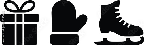 Winter holiday icons: gift, mitten, and ice skate silhouettes