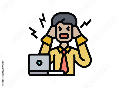 Conceptual illustration depicting a businessman or office worker experiencing immense stress and a headache due to overwhelming work demands, highlighting workplace pressure and frustration