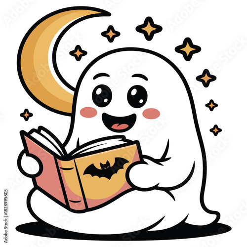 A charming and friendly cartoon ghost happily engrossed in reading a spooky book featuring a bat emblem, illuminated by the soft glow of a crescent moon and twinkling stars, isolated on