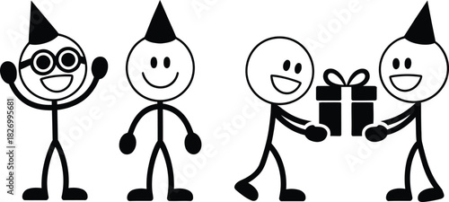 celebration, holiday, birthday, christmas, party, icon, vector, stick figure, christmas tree, candle, birthday cake, party hat, festive, occasion, event, winter, december, joy, happiness, anniversary,