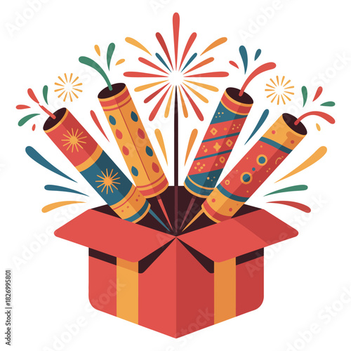 A vibrant illustration of colorful firecrackers launching dazzling fireworks from an open red box, symbolizing joy, celebration, and festive occasions, isolated on