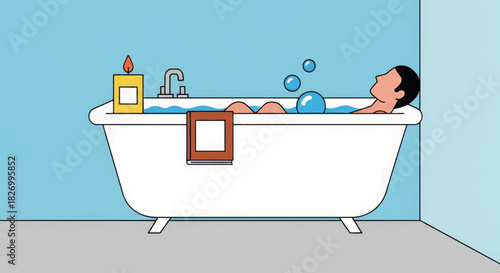 Person relaxing in a bathtub with bubbles and candle. Flat design vector illustration of home spa and self-care. Bathroom interior concept