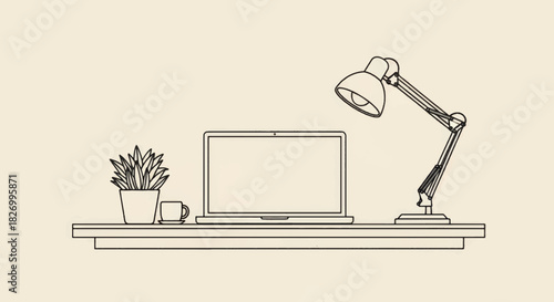Minimalist workspace with laptop lamp and plant. Line art vector illustration of clean desk setup. Home office and study concept