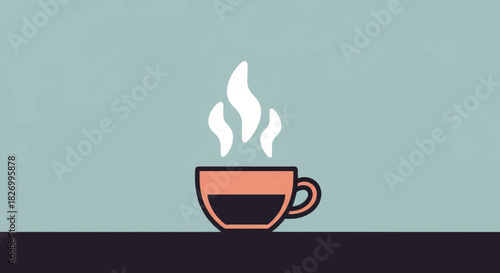 Minimalist coffee cup vector illustration. Steaming hot beverage mug on table. Flat design tea or coffee icon.