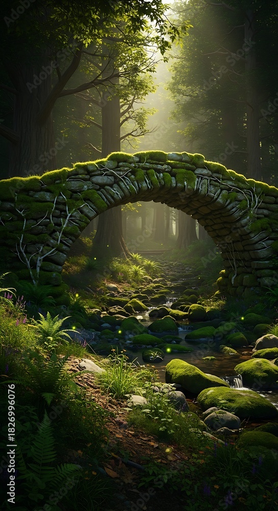 Naklejka premium Enchanted mossy stone arch bridge spanning a tranquil forest stream with sun rays and glowing lights.