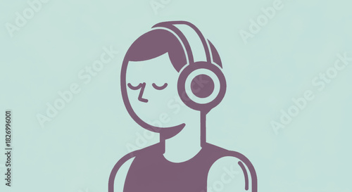 Minimalist person listening to music with headphones. Flat line art vector illustration of character relaxing. Self-care and mindfulness concept for UI design