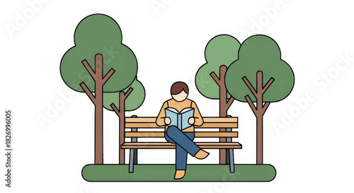Person reading a book on a park bench. Flat design vector illustration of outdoor leisure. Nature and education concept isolated on white background