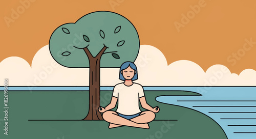 Meditation in nature vector illustration. Person sitting in lotus position under a tree. Minimalist flat design for mindfulness and wellness