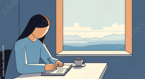 Woman writing in notebook near window with coffee. Morning self-care and journaling concept. Minimalist flat design vector illustration