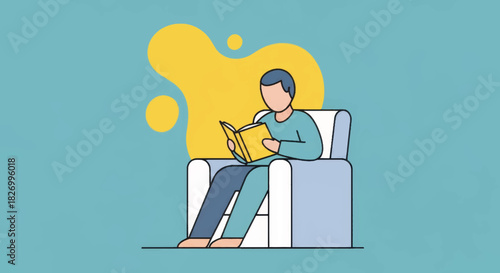 Person reading a book in an armchair. Minimalist flat design vector illustration. Education and relaxation concept