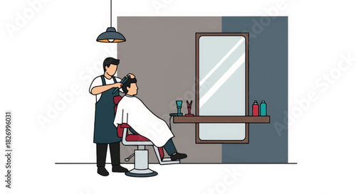 Barber cutting client hair in salon. Men grooming and hairstyle concept. Flat design vector illustration of a barbershop interior