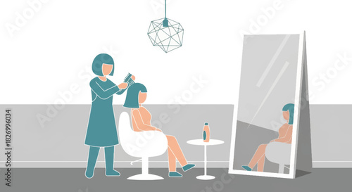 Hairdresser styling client hair in modern beauty salon. Minimalist flat design vector illustration. Small business concept
