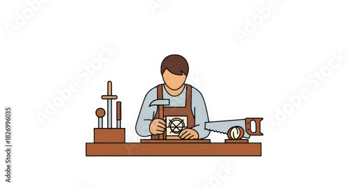 Carpenter working at workbench with hammer and chisel. Woodworking craft workshop concept. Flat design vector illustration