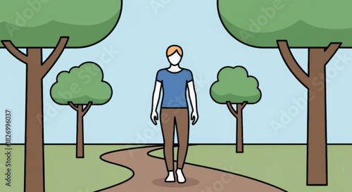 Person walking on a path in nature park. Minimalist flat design vector illustration of character strolling in forest. Self care and digital detox concept