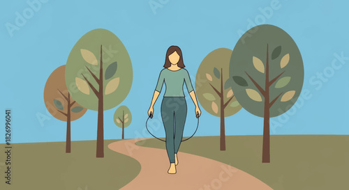 Woman walking with jump rope in park. Healthy lifestyle and fitness concept. Flat design vector illustration
