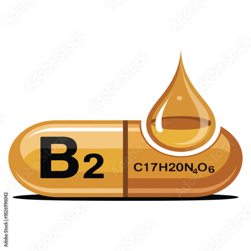 Golden capsule showing vitamin b2 riboflavin and its chemical formula c17h20n4o6, with a golden liquid drop, representing nutrition and dietary supplement, isolated on