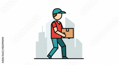 Delivery courier man walking with package box. Flat design vector illustration of shipping service worker. Logistics and distribution concept with city background