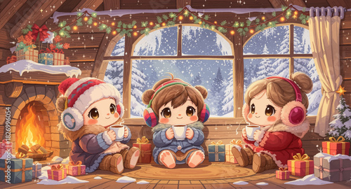 Cozy winter cabin with cute kids and gifts. Warm fireplace moment with adorable children. Holiday cabin scene with snowy window view. Cute kids enjoying hot cocoa by the fire