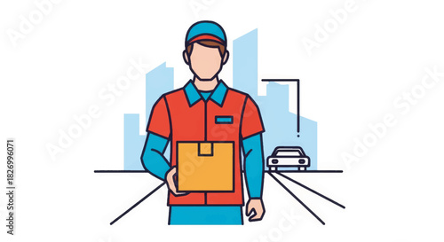 Delivery courier man holding a package. Flat design vector illustration of a logistics worker in uniform. Shipping and transportation concept with city background
