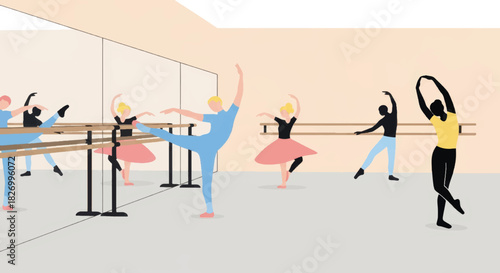 Ballet dance class in a studio with mirror and barre. Group of dancers practicing poses. Minimalist flat design vector illustration