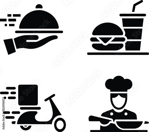 Food delivery, restaurant, cooking, fast food, service icon set