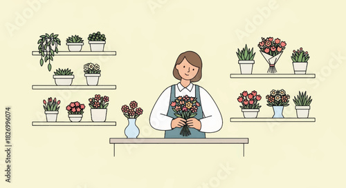Female florist working in a flower shop with plants on shelves. Flat design vector illustration. Small business owner concept