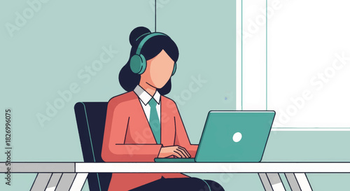 Woman working on laptop with headset in office. Customer support and remote work concept. Flat design vector illustration