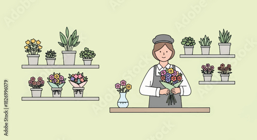 Female florist arranging bouquet in flower shop. Small business owner character with plants and shelves. Flat design vector illustration