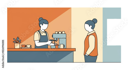 Barista making coffee for a customer in a local cafe. Minimalist flat design vector illustration. Small business and daily life concept with espresso machine and counter