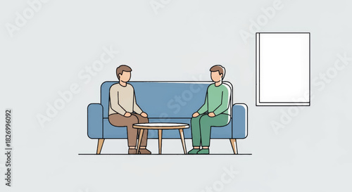 Psychologist counseling patient in office during therapy session. Two men sitting on sofa having a conversation. Minimalist flat design vector illustration