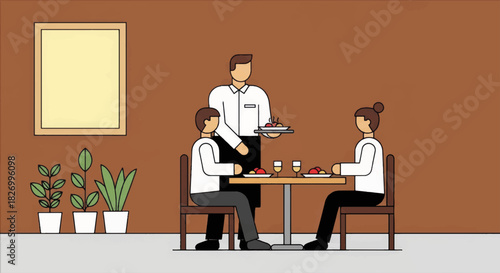 Restaurant waiter serving food to a couple. Dining scene with customers and staff. Flat design vector illustration