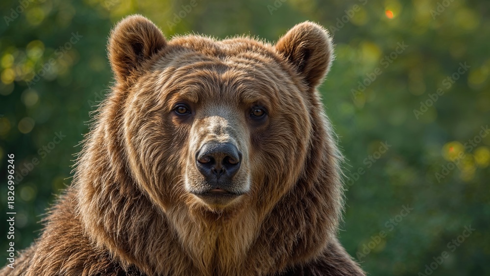 Fototapeta premium Close-up of a brown bear with a blurred green forest background. Nature and wildlife, animal photography. The image captures the bear's facial details and expressions.