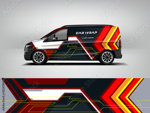 Red, yellow, and black van wrap with aggressive layered arrow shapes, ideal for commercial branding or sport-themed identity. EPS vector included.