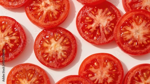 Sliced cherry tomatoes arranged on a white background © Lasvu