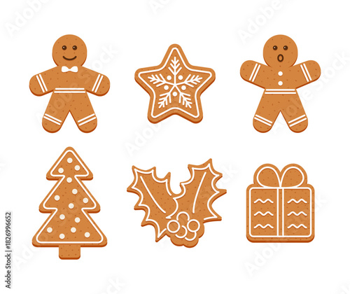Christmas gingerbread characters, star, christmas tree, giftbox cookie. Cute ginger bread character in Xmas design. Noel holiday sweet dessert. Classic cookies isolated on white background. Vector ill