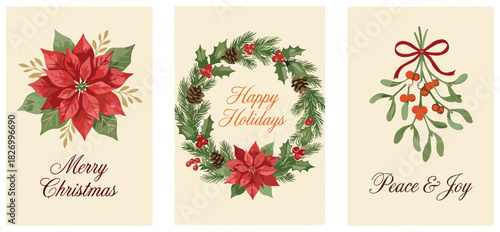 Vintage Christmas holiday card set, watercolor poinsettia flower, festive wreath, and mistletoe bouquet, botanical illustration for greeting posters, warm beige background, cad drawing