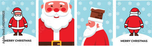Santa Claus Christmas card set, jolly Saint Nicholas in various poses, including close-up and chimney scene, flat vector illustration for winter holiday greetings, cad drawing