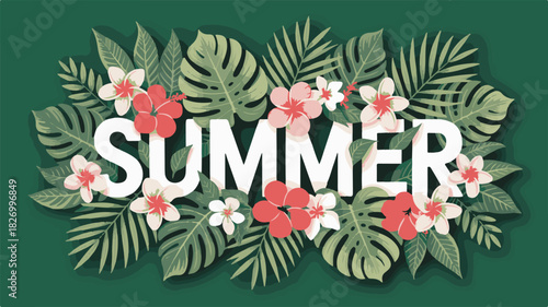 Large white text " SUMER" surrounded by lush tropical leaves and vibrant hibiscus flowers summer