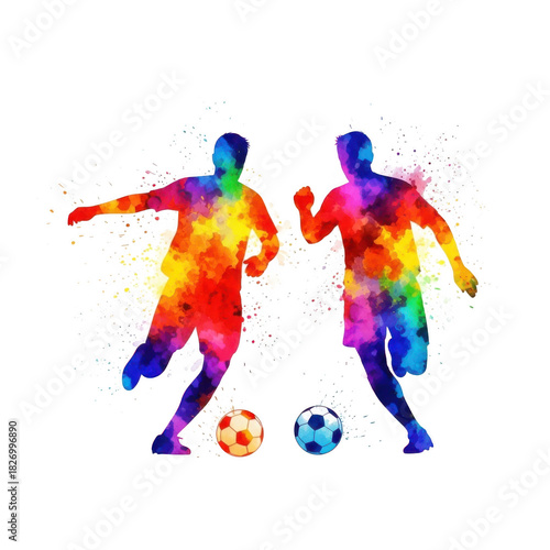 Vibrant watercolor silhouettes of soccer players in action