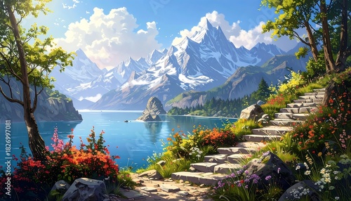 A scenic vista reveals mountains, a serene lake, and a stone path leading towards the stunning backdrop under a bright sky