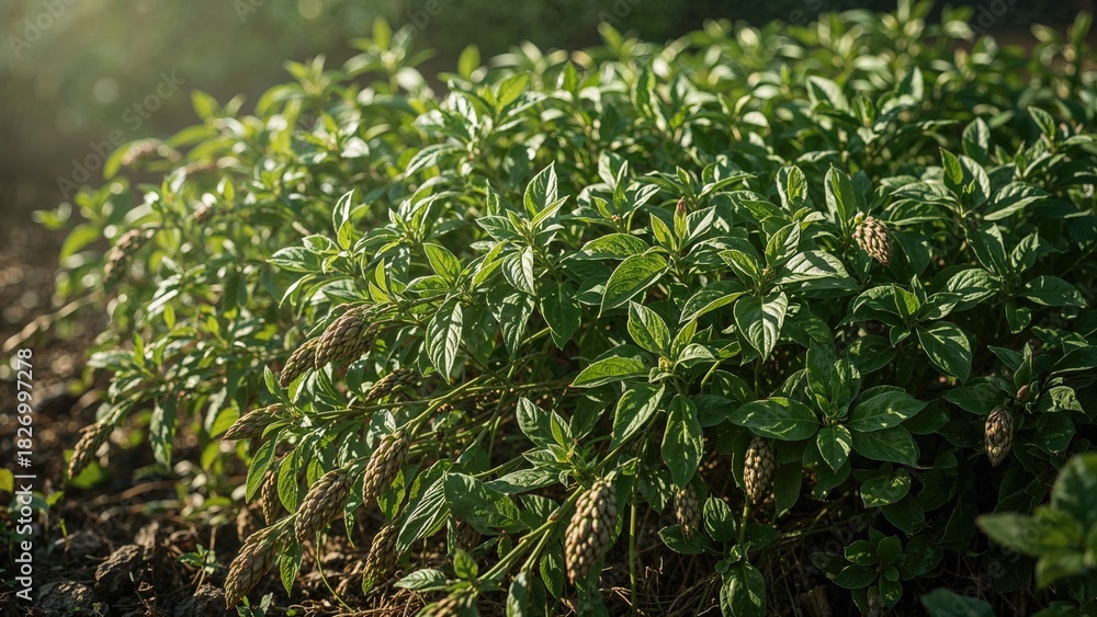 Fototapeta premium Lush green plants with cone-shaped flowers growing in soil.