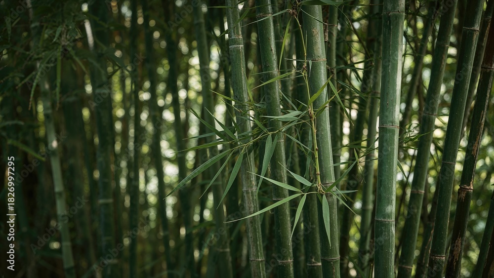 Fototapeta premium Dense bamboo forest with tall green stalks and leaves, natural plant growth and lush environment.