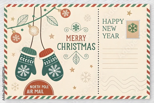Vintage Christmas Postcard with Mittens, Ornaments, Snowflakes, “Merry Christmas & Happy New Year” Message, and North Pole Air Mail Stamp